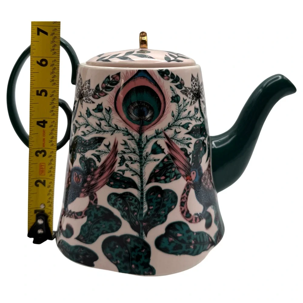 Anthropologie Emma J Shipley Maisie Teapot Peacock Feathers Bird Leaves Pink HTF